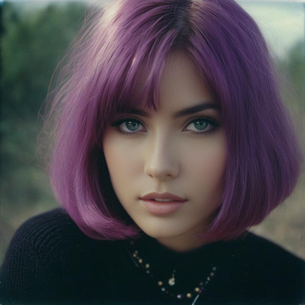  analog film photo 3d,(masterpiece, top quality, best quality, official art, beautiful and aesthetic:1.2), (fractal art:1.3), 1 , beautiful face, detailed face, high detailed, purple hair with a hint of pink,(beautiful eyes), pink eyes, dark lighting, serious face, looking the sky, medium shot, black sweater, , jewelry. faded film, desaturated, 35mm photo, grainy, vignette, vintage, kodachrome, lomography, stained, highly detailed, found footage