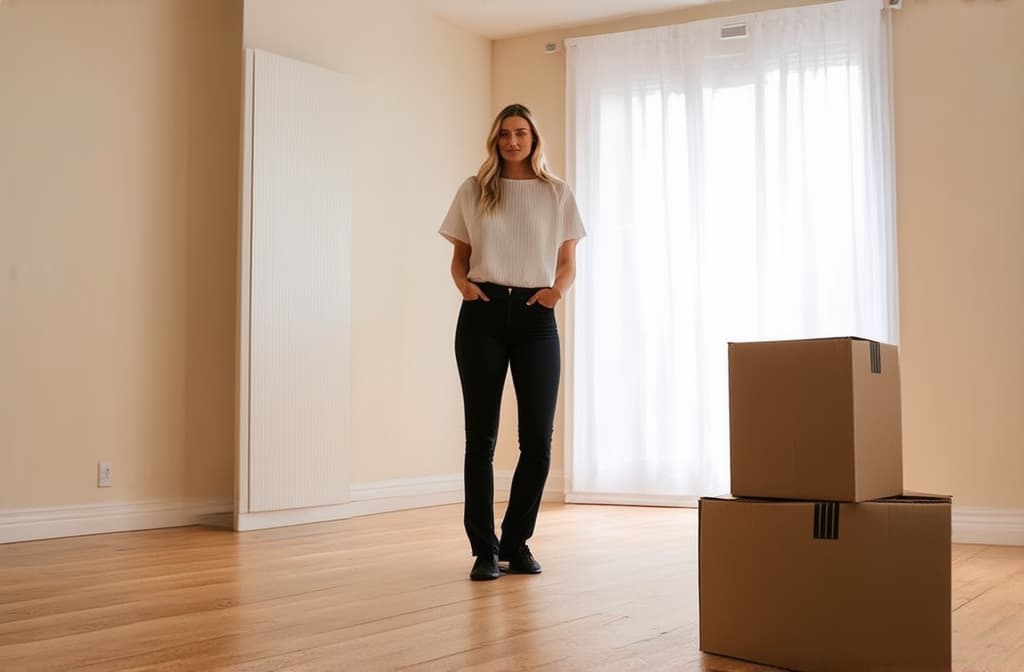  professional detailed photography, a woman stands in an empty apartment, paper boxes on the floor, moving. bright room ar 3:2, (muted colors, dim colors, soothing tones), (vsco:0.3)