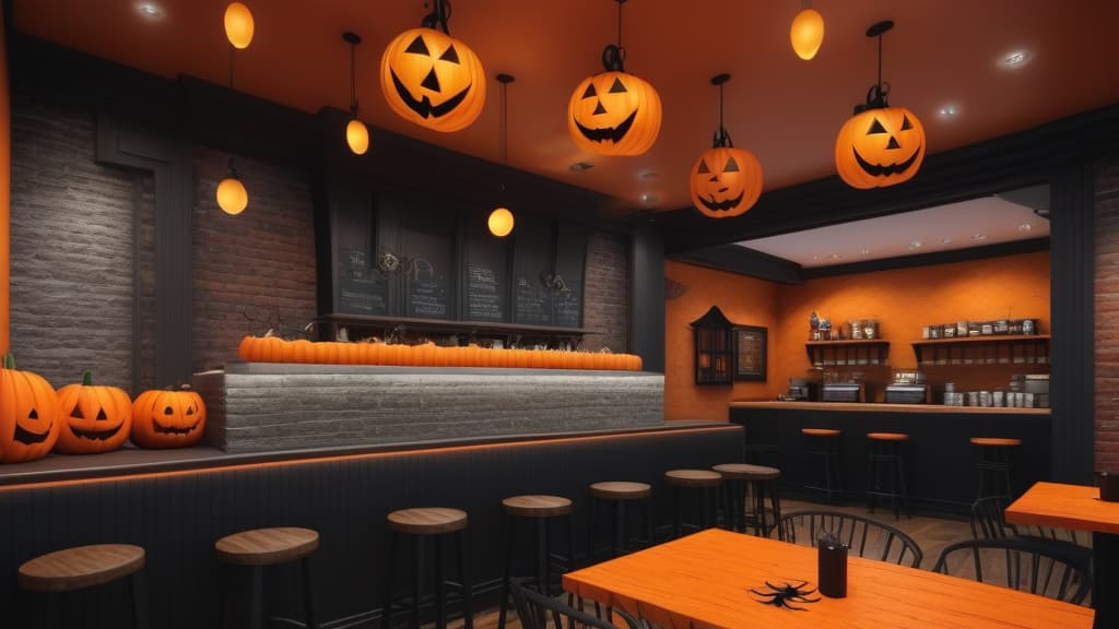  inside coffee shop in new york city with halloween decorations photo realistic, highly intricate and detailed, masterpiece, ultra high res,photography,8k resolution