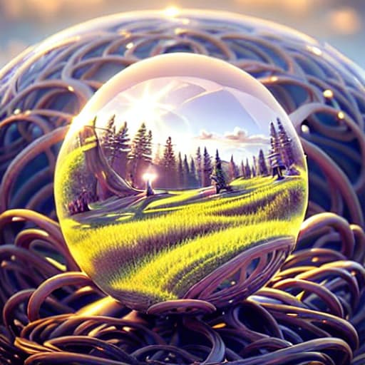 a photo of ddfusion style Transparant ball with a dreamscape inside, ball rests on a curved wooden pedestal