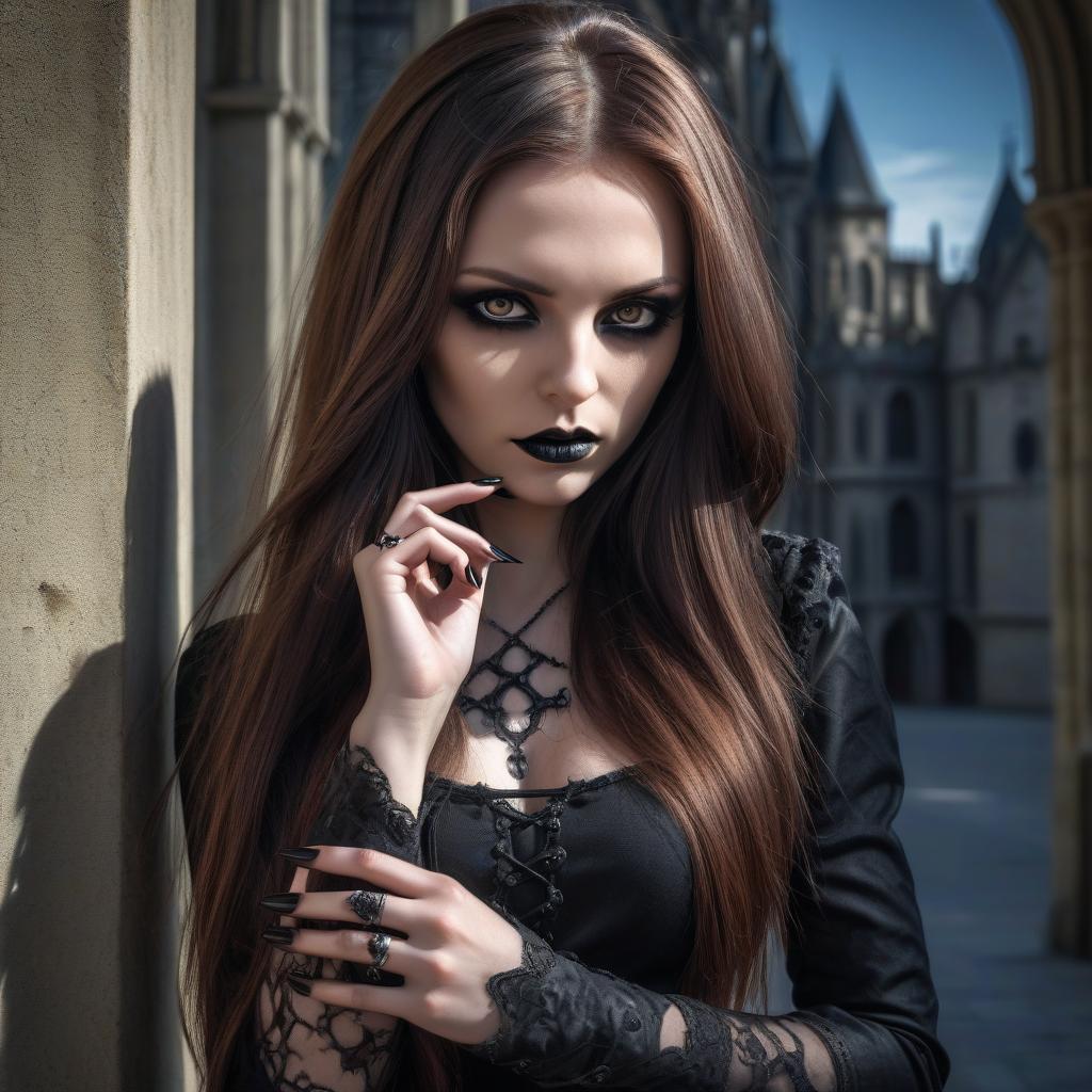  hdr photo of girl, gothic, long brown hair, long black sharp nails . high dynamic range, vivid, rich details, clear shadows and highlights, realistic, intense, enhanced contrast, highly detailed