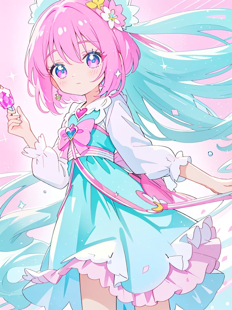  precure, clothes, pink, light blue, masterpiece, best quality,8k,ultra detailed,high resolution,an extremely delicate and beautiful,hyper detail