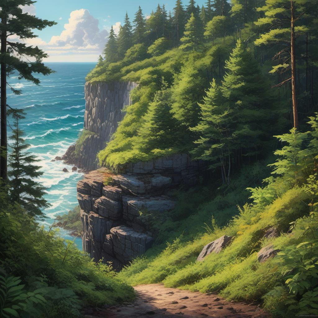  a small cliff side to the ocean on the edge of a forest from the perspective of the forest, painting style