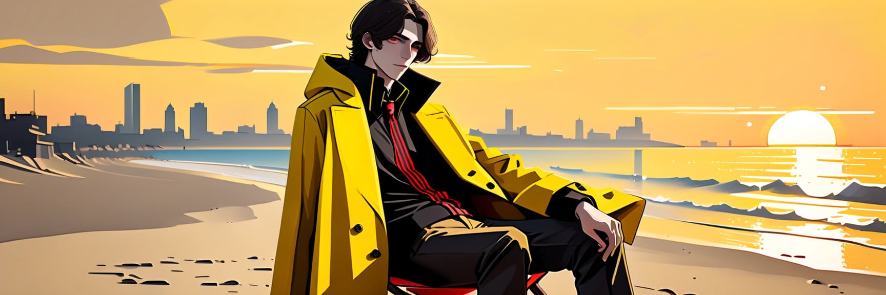  architectural style a young man sits on a chair on the beach. he has long dark brown hair that gently falls on his shoulders, and his face, with jewish and slavic features, exudes calmness with brown eyes. he is dressed in a bright yellow coat that immediately attracts attention and contrasts with the surrounding landscape. under the coat is a black shirt, and black pants are additionally decorated with yellow elements, creating a harmonious and stylish image. the sun sets over the horizon, shrouding everything around in red shades, and bright red stripes lie on the surroundings contrasting with the darkness and creating a magical atmosphere. . clean lines, geometric shapes, minimalist, modern, architectural drawing, highly detailed