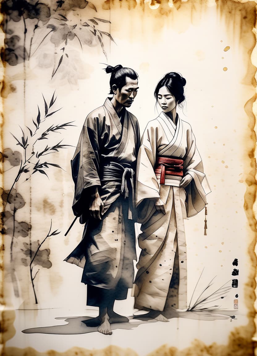  cinematic photo asian man and woman on rice paper, wabi sabi, ink, watercolor, high contrast, . 35mm photograph, film, bokeh, professional, 4k, highly detailed