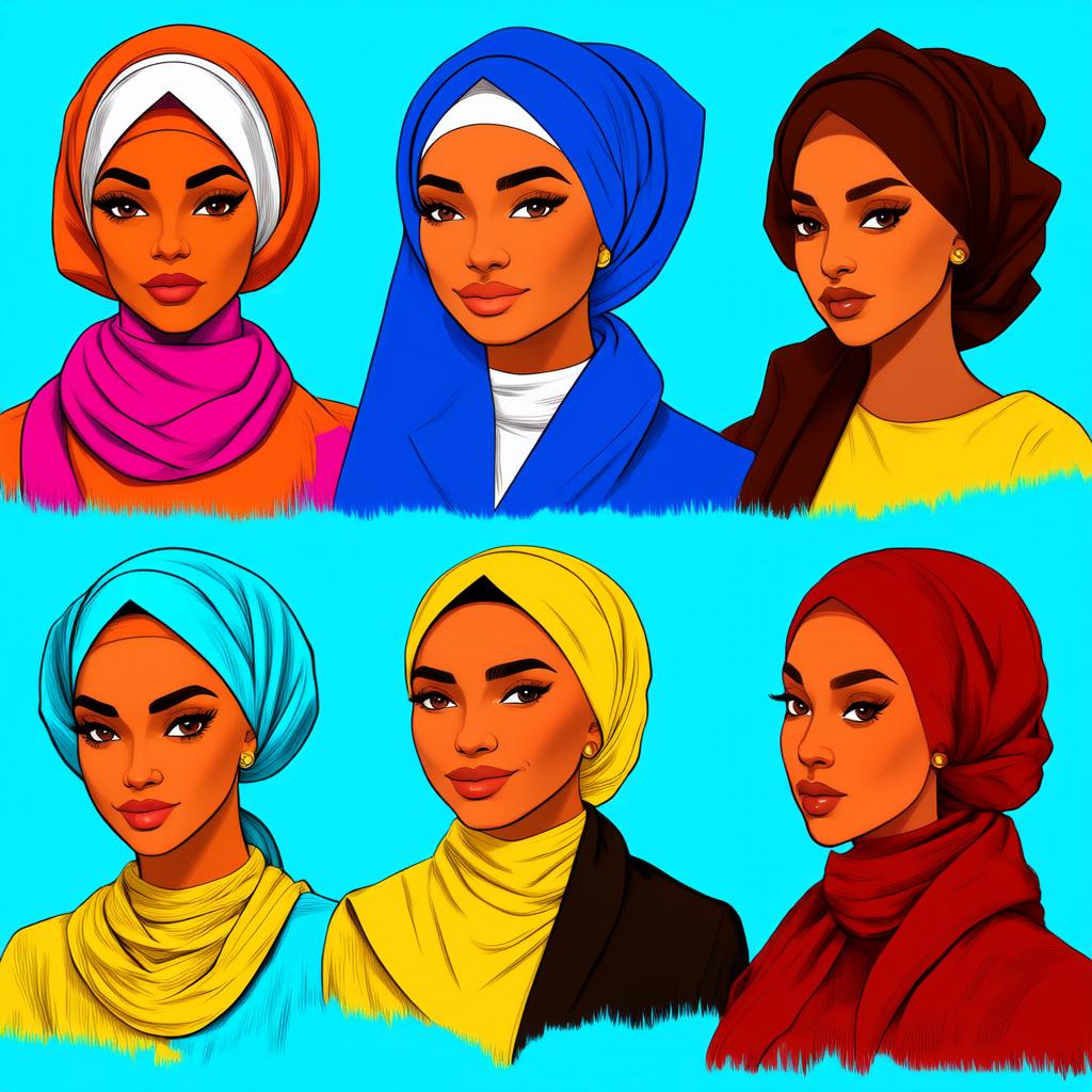  different beauty. set of different female heads in headscarf. different races and nationalities. colored hand drawn illustration {prompt}, maximum details