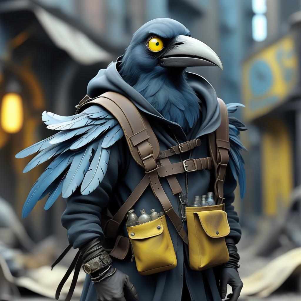  dystopian style black with blue tint avian humanoid race with crow head alchemist, small beak, crazy yellow eyes, feathers ruffled, wearing travelers rags and leather cloak with lots of pockets, has big backpack with pockets, bomb in hand, magical laboratory background . bleak, post apocalyptic, somber, dramatic, highly detailed