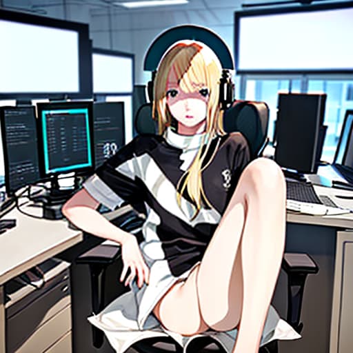  a beautiful girl with blonde hair in a white football with the words "dns", sitting in front of monitors in the office room