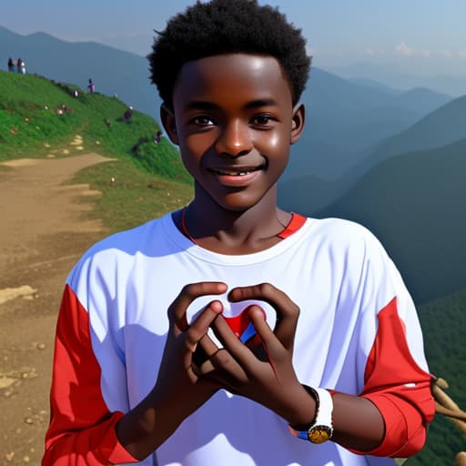  Ghanaian boy holding a heart in his hands on a mountain