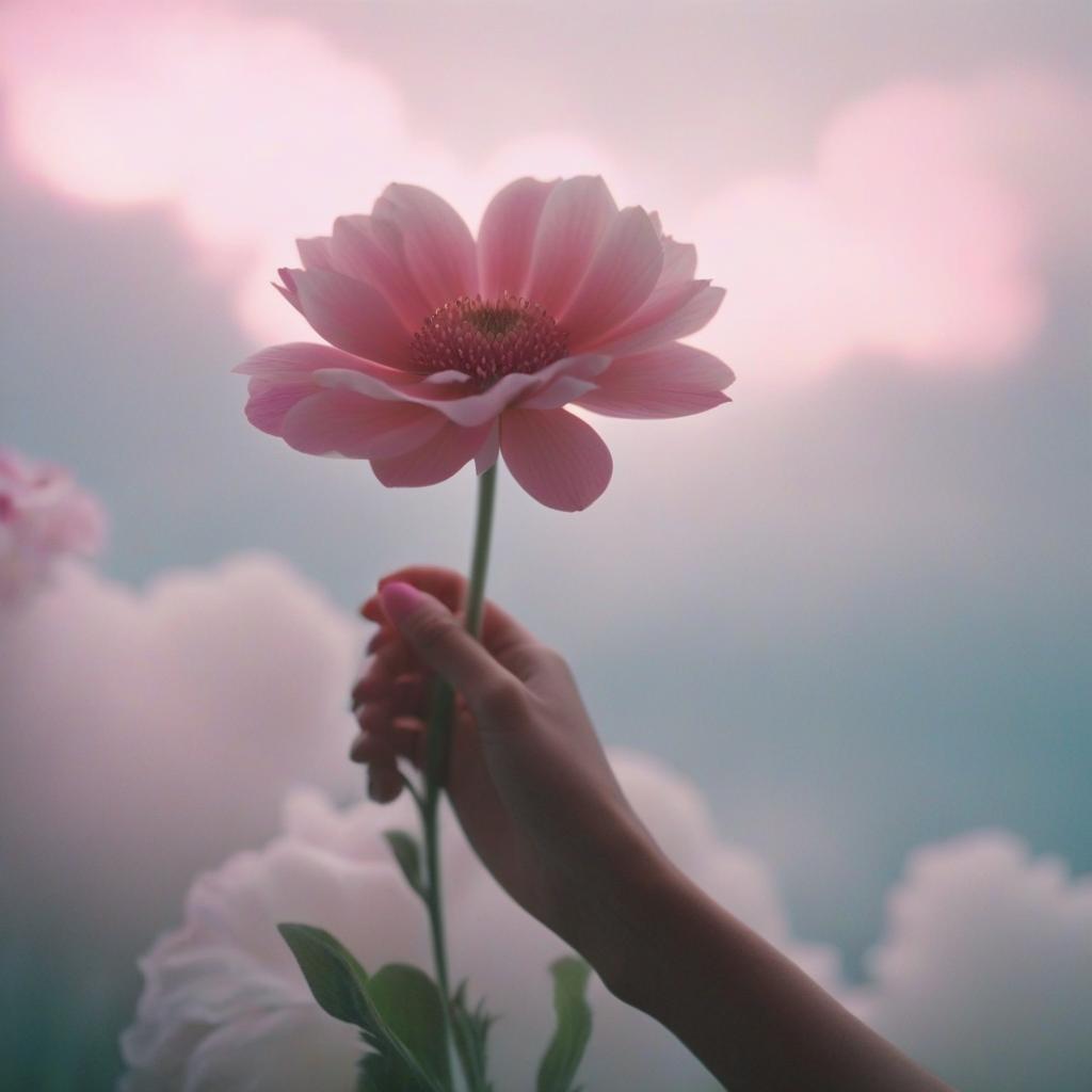  analog film photo the girl’s hand touches a pink flower, pink and white shades, light fog, clouds in the background, a room in pastel shades. . faded film, desaturated, 35mm photo, grainy, vignette, vintage, kodachrome, lomography, stained, highly detailed, found footage