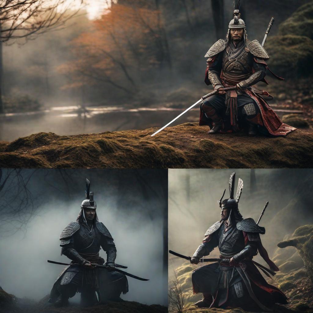  a ghostly figure of a fallen warrior, ethereal and otherworldly, appearing before the samurai in a mystical setting hyperrealistic, full body, detailed clothing, highly detailed, cinematic lighting, stunningly beautiful, intricate, sharp focus, f/1. 8, 85mm, (centered image composition), (professionally color graded), ((bright soft diffused light)), volumetric fog, trending on instagram, trending on tumblr, HDR 4K, 8K