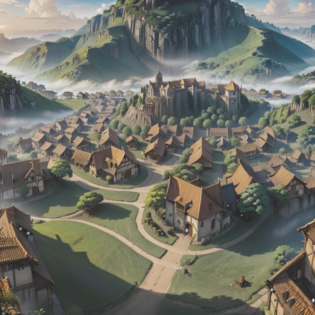  anime artwork view of the medieval village from a bird's eye view . anime style, key visual, vibrant, studio anime, highly detailed, civitai hyperrealistic, full body, detailed clothing, highly detailed, cinematic lighting, stunningly beautiful, intricate, sharp focus, f/1. 8, 85mm, (centered image composition), (professionally color graded), ((bright soft diffused light)), volumetric fog, trending on instagram, trending on tumblr, HDR 4K, 8K