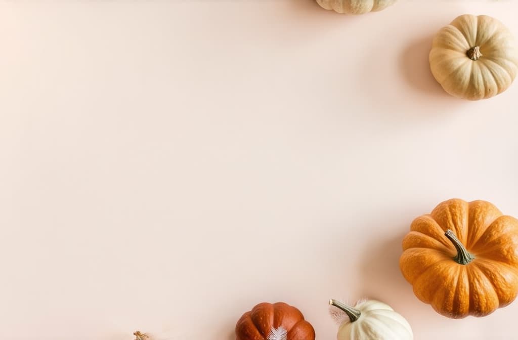  professional detailed photography, a collection of minimalistic beige and brown pumpkins arranged on a pastel background, complemented by feather decorations, creating a serene fall aesthetic with ample copy space ar 3:2, (muted colors, dim colors, soothing tones), (vsco:0.3)