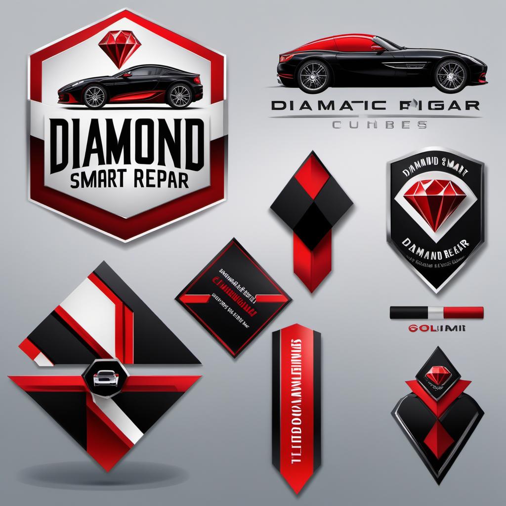  Create even more logo variations for 'Diamond Smart Repair' featuring a shining diamond and a car shadow. Use the colors red and black for these designs. The logos should convey sophistication, energy, and the company's professionalism in car repair. Generate several unique and diverse designs to provide a wide selection of choices. hyperrealistic, full body, detailed clothing, highly detailed, cinematic lighting, stunningly beautiful, intricate, sharp focus, f/1. 8, 85mm, (centered image composition), (professionally color graded), ((bright soft diffused light)), volumetric fog, trending on instagram, trending on tumblr, HDR 4K, 8K