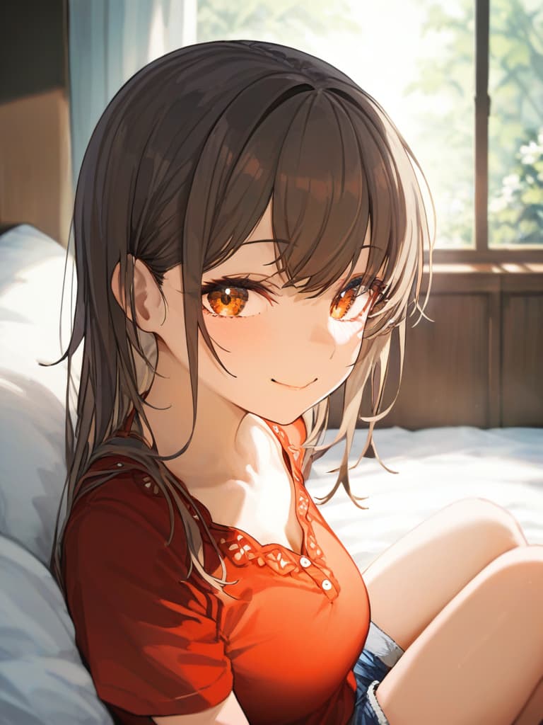  sleep on brown haired girls, smiles, red t shirts, denim shorts, beds, masterpiece, best quality,8k,ultra detailed,high resolution,an extremely delicate and beautiful,hyper detail