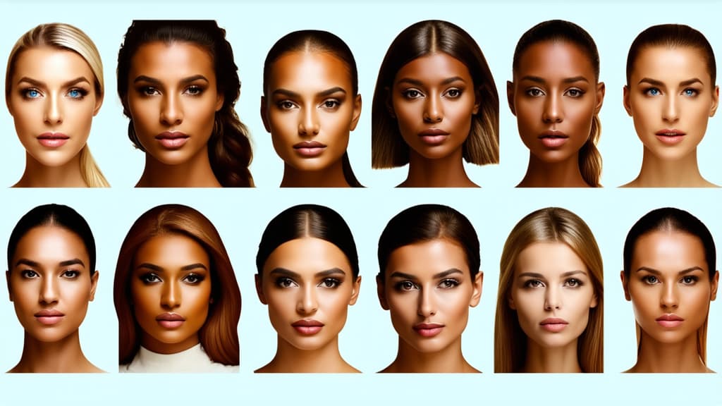  different beauty. set of different female heads on light background. different races and nationalities. ar 16:9, (natural skin texture), highly detailed face, depth of field, hyperrealism, soft light, muted colors