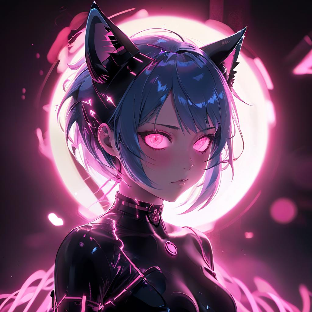  a close up of a person with blue hair, metal cat ears and glowing eyes, anime picture, deep crimson and dark shadows, perfect female body silhouette, bitcoin evil, ((pink)), style of madhouse anime, portrait of evil girl, it is night, looming head, glowneon