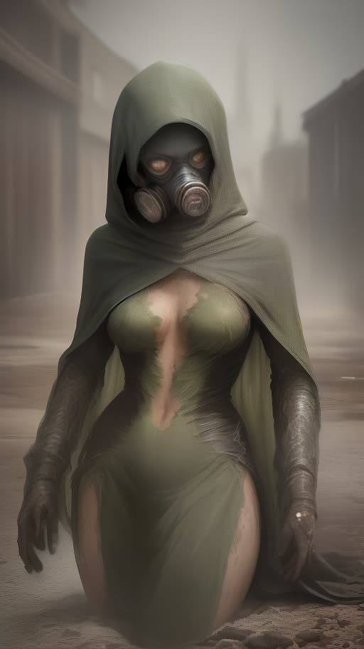  woman, black , half , thin figure, zombie, gas mask gp 4, wears a green cloak tent, lies back in the night abandoned place, dancing pose, shot 35 mm, realism, octane render, 8k, trending on artstation, 35 mm camera, unreal engine, hyper detailed, photo realistic maximum detail, volumetric light, realistic matte painting, hyper photorealistic, trending on artstation, ultra detailed, realistic