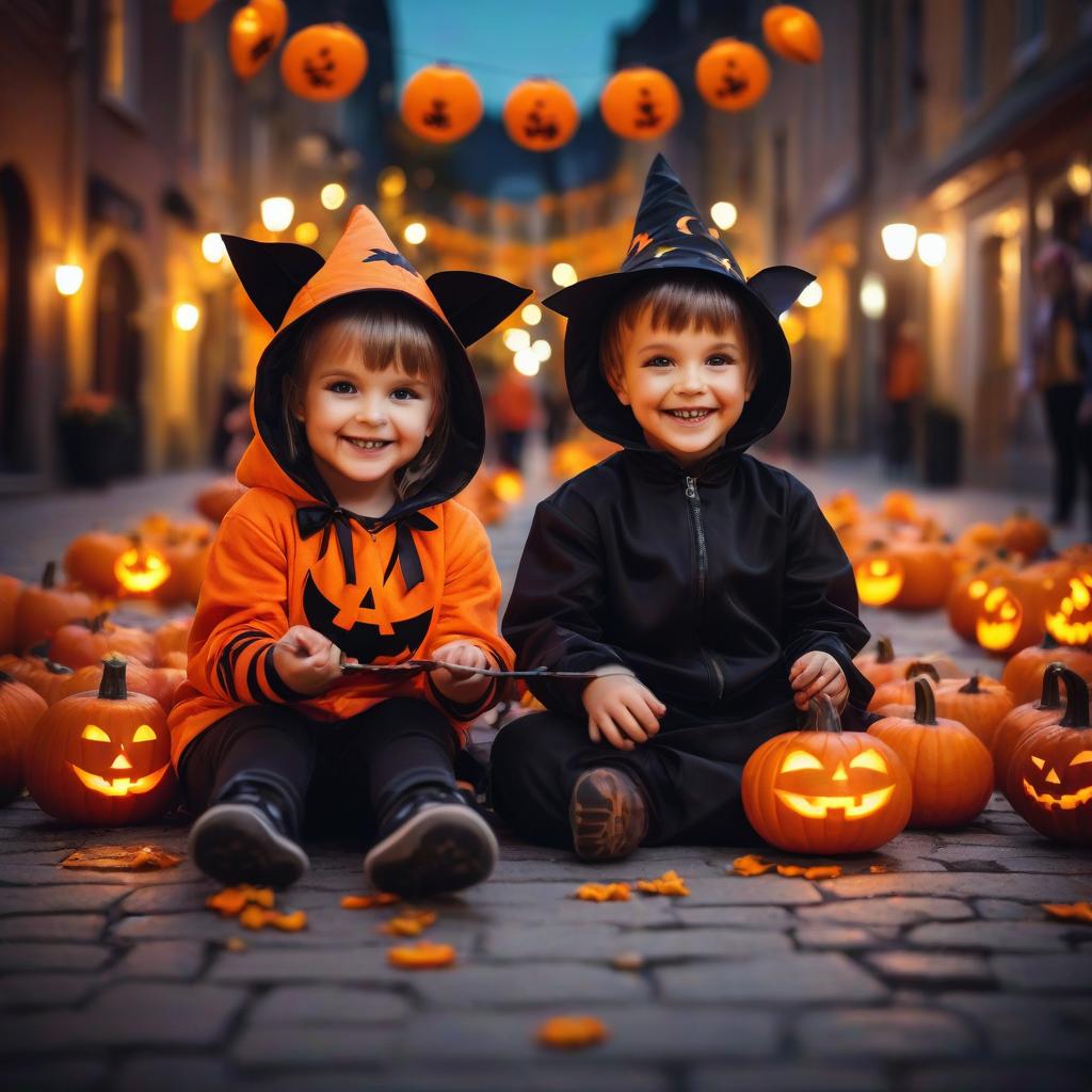  photo with the best quality, children, a boy and a girl dressed in costumes for halloween, treating sweets, smiling, the evening street of the city, lit by lanterns and decorated for halloween with garlands in the form of bats, pumpkins lie on the ground, with eyes cut out and mouth, the effect of blurring the background, cinematic, fabulous style