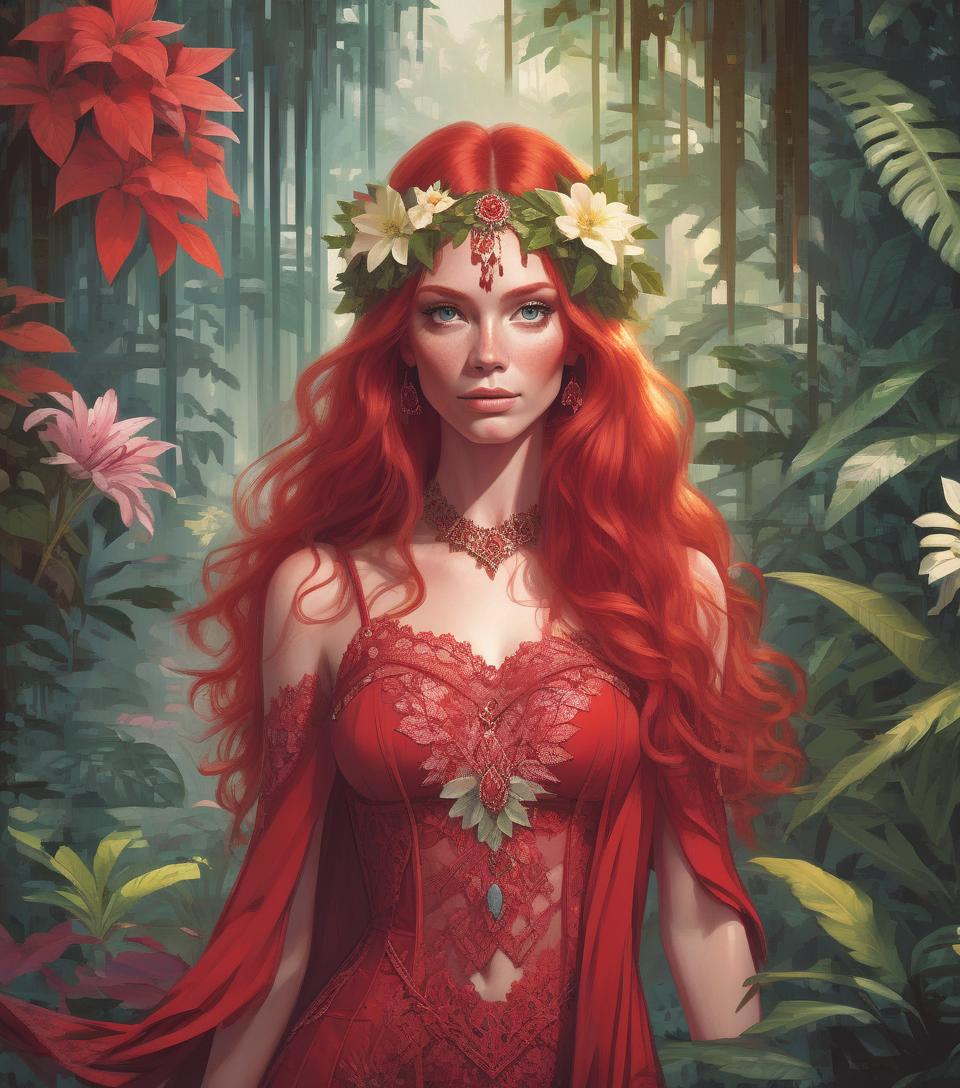  portrait of beautiful red haired bohemian queen wearing red colour lace surrounded by jungle plants and flowers art by mike mayhew and mark brooks and ross tran 8k resolution