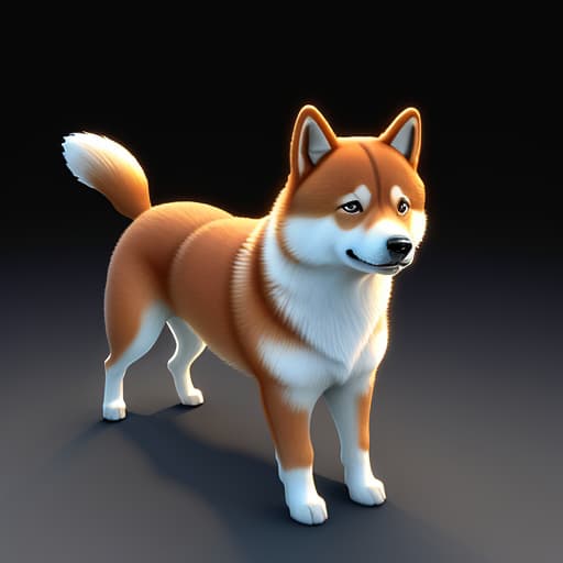  Transparent hologram of a Shiba Inu, mid-walk, appearing to wag its tail, ethereal glow, cast on a dark backdrop, precise edges and intricate fur texture visible, floating slightly above the surface it is projected on, ambient light reflecting off its digital form, volumetric effect, ultra-fine details in a 3D digital rendering