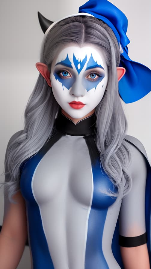  Blue and White bat-shaped body paint in every corner of the whole body, grey body paint all over the body, grey face paint on the face, elf,full body image female