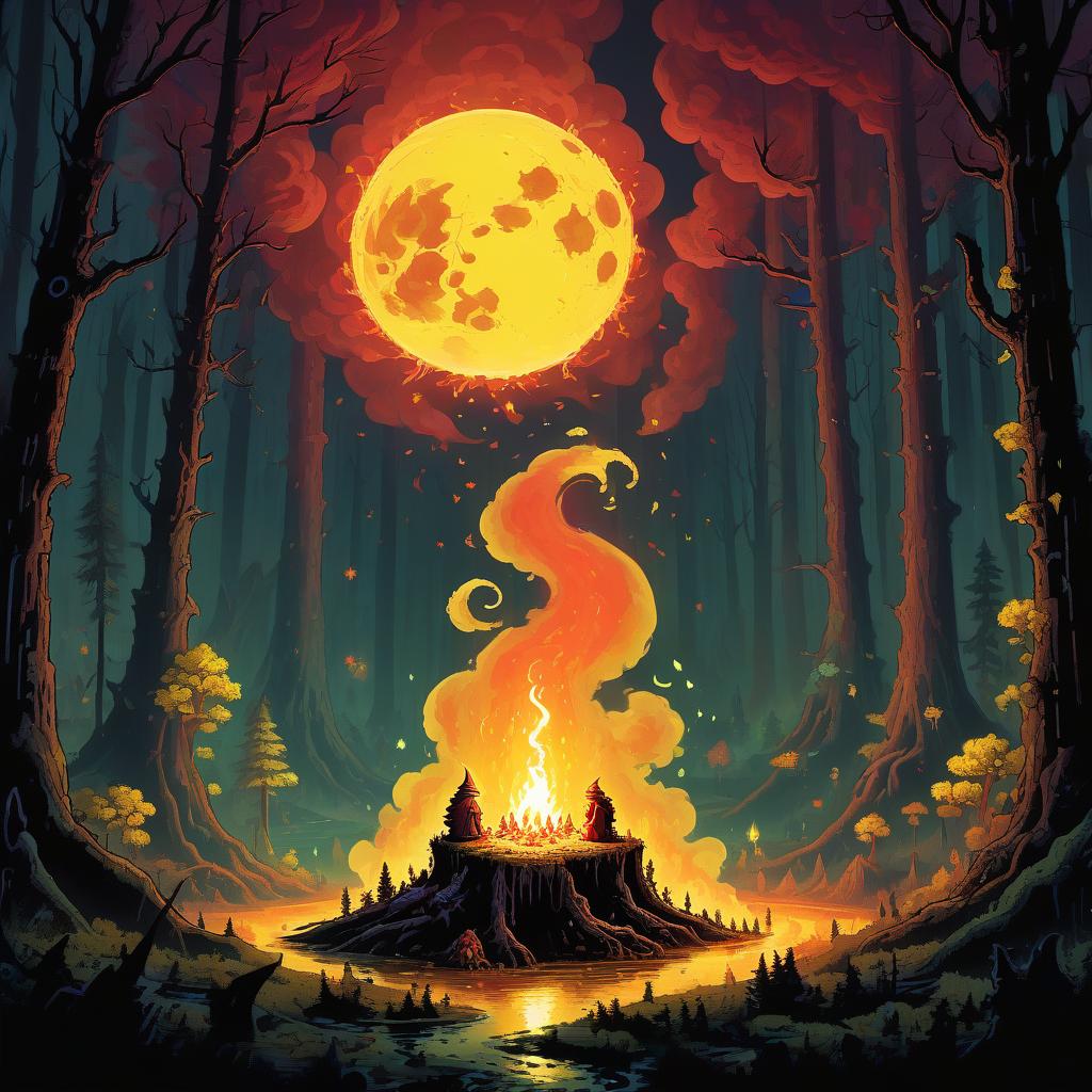  retro game art in a gloomy forest, a greasy toothed sorcerer sits and looks at the fiery creatures shrouded in yellow smoke with red threads green sparks moon stars rays of white light . 16 bit, vibrant colors, pixelated, nostalgic, charming, fun