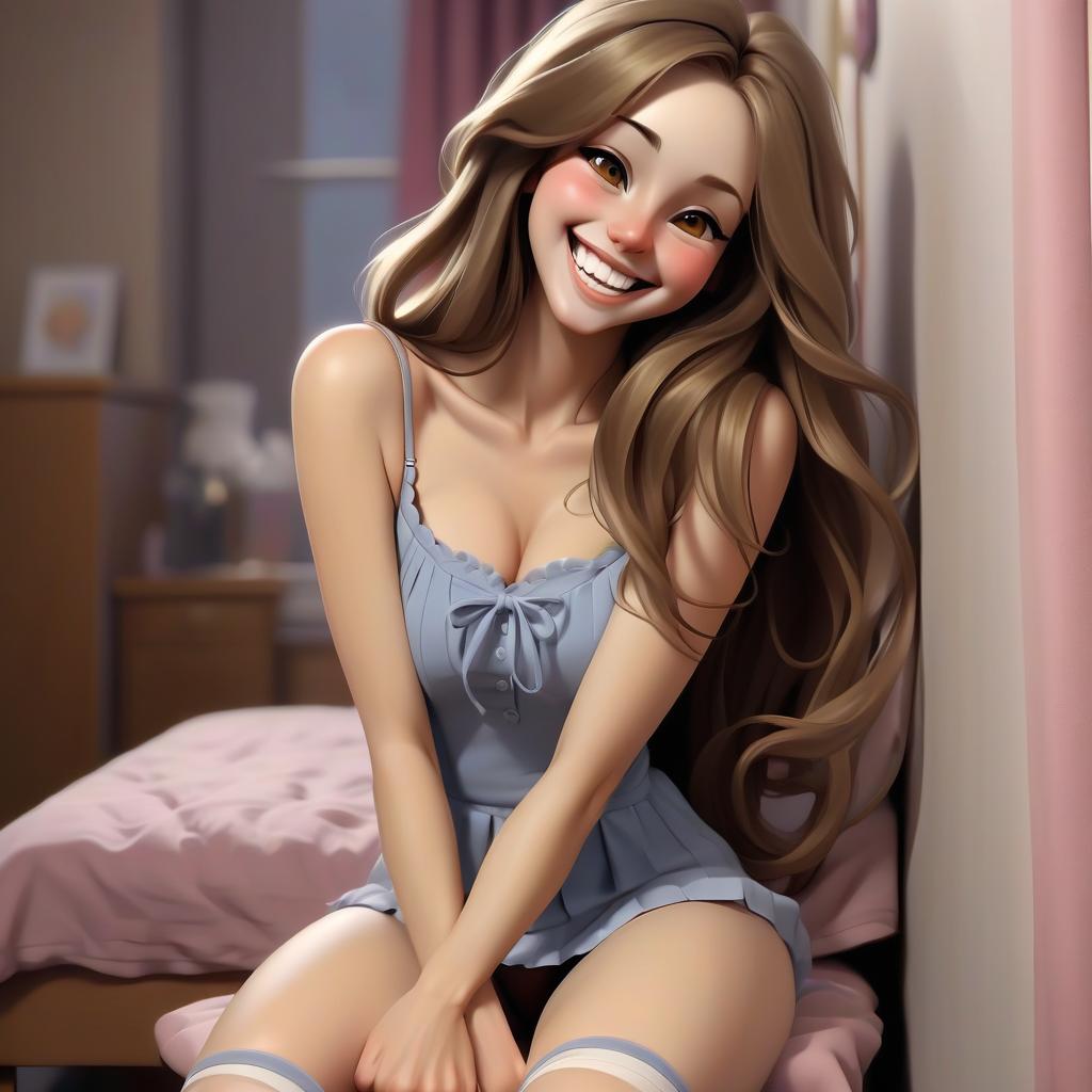  , , s her legs and smiles sweetly, long hair