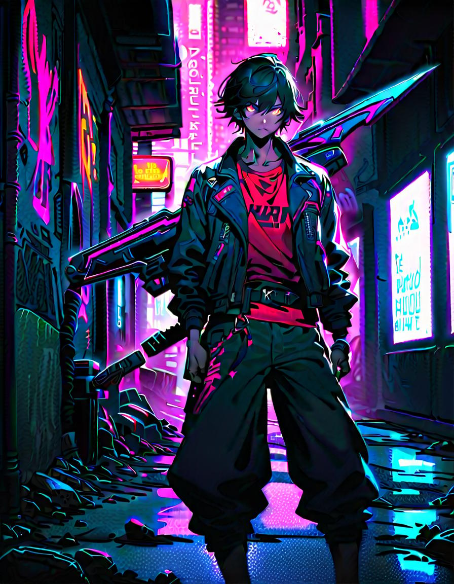  stylish, armed, 20s, handsome male, posing with a futuristic weapon, confident and determined, break cyberpunk adventure in a neon city, gritty urban alleyway, graffitied walls, neon signs, futuristic vehicles, debris, break futuristic, vibrant, and dangerous, dynamic lighting and glowing neon effects,