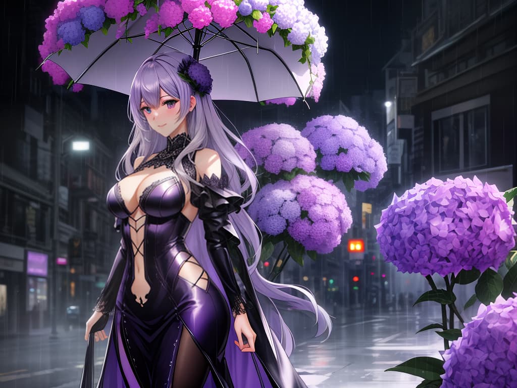  background of monochrome, rainy city, purple hydrangea, realistic, clear purple hyperrealistic, full body, detailed clothing, highly detailed, cinematic lighting, stunningly beautiful, intricate, sharp focus, f/1. 8, 85mm, (centered image composition), (professionally color graded), ((bright soft diffused light)), volumetric fog, trending on instagram, trending on tumblr, HDR 4K, 8K