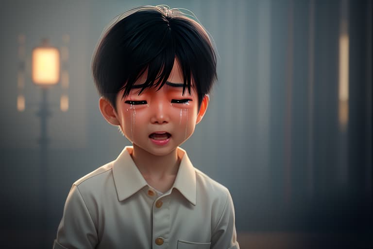  a realistic image, a beautiful little asian boy in a shirt crying and screaming hyperrealistic, full body, detailed clothing, highly detailed, cinematic lighting, stunningly beautiful, intricate, sharp focus, f/1. 8, 85mm, (centered image composition), (professionally color graded), ((bright soft diffused light)), volumetric fog, trending on instagram, trending on tumblr, HDR 4K, 8K