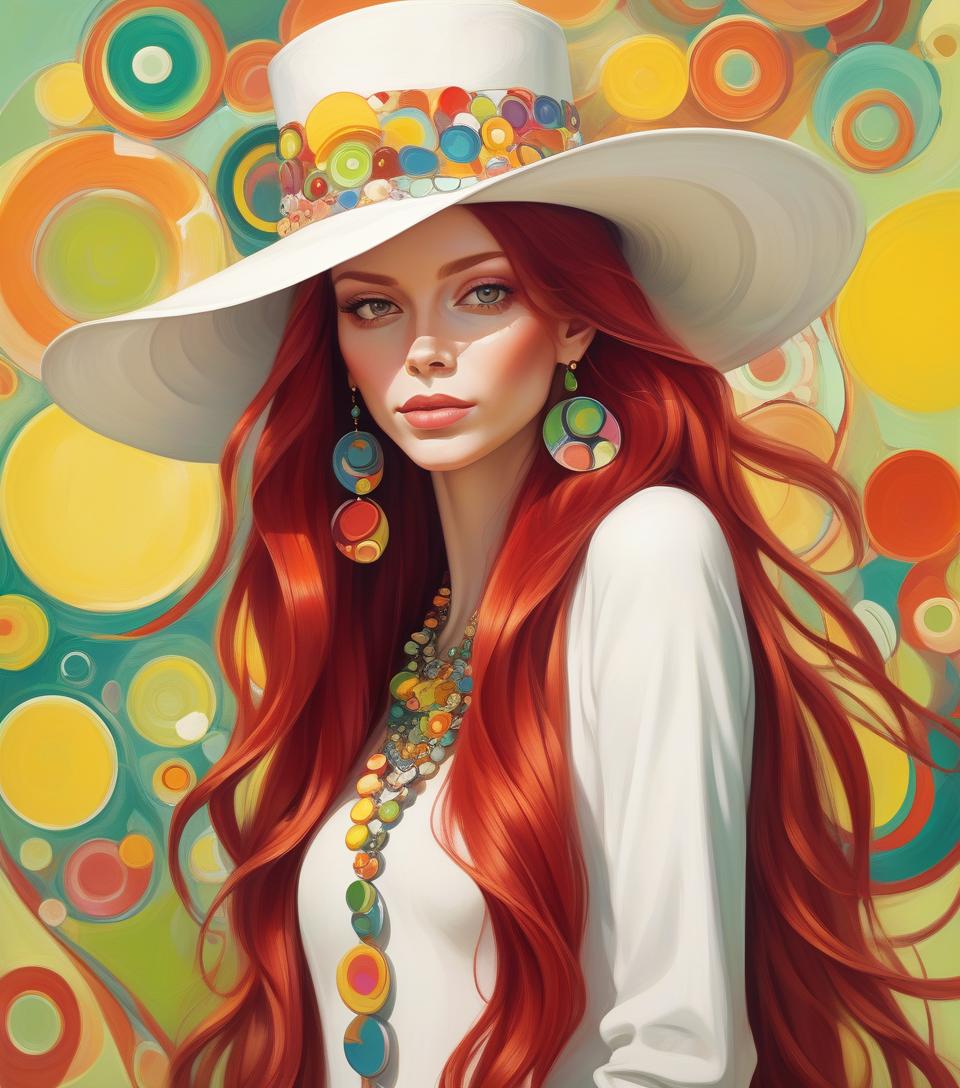  oil painting, beautiful lady in abstract style, long red hair, white bizarre hat with colorful circles, multicolored necklaces, earrings, yellow striped green background abstract vector fractal, wave function, zentangle, 3d shading