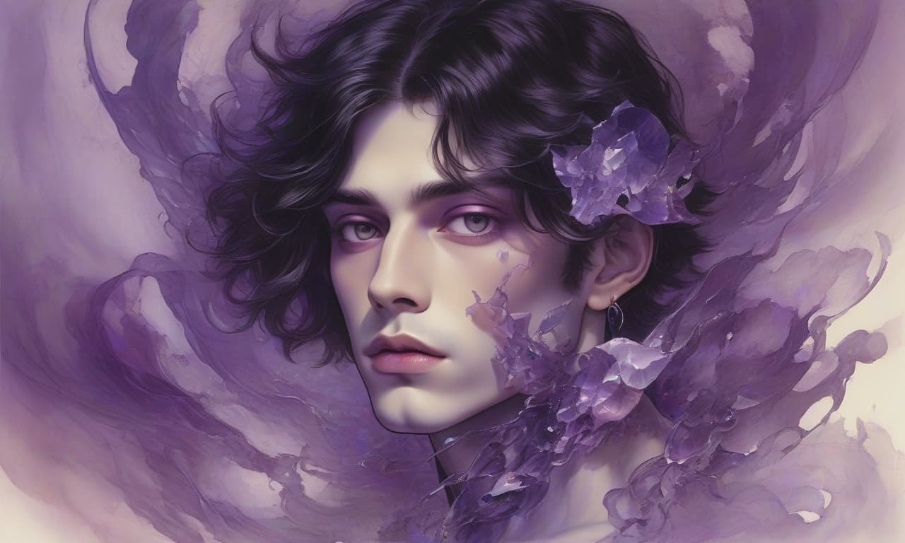  mystical male portrait radiating unearthly charm: porcelain skin, almond shaped violet eyes, dark hair adorned with bright violet jewelry. bright lips framed in a dreamy haze against a warm glowing background create a fantastic atmosphere of elegance and beauty. create an ethereal male portrait with a mystical aura. he has clear skin, large almond shaped violet eyes and full lips of a soft neutral shade. his face is framed by a mass of dark hair transitioning into bright violet jewelry, including a large one on the right side of the composition. jewelry of various sizes intertwine with his elements that give the impression of movement around his head, as if carried by a light breeze. the background is a textured gradient with deep, cool am