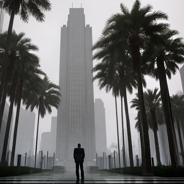  imagine cj from grand theft auto: san andreas standing in front of the imposing maze bank, his expression sad and reflective. he has his head bowed and shoulders hunched, conveying a deep sense of sorrow. the scene is set in rainy weather, with droplets of rain cascading down around him and pooling on the ground, creating a melancholic atmosphere. the maze bank looms in the background, its gray facade adding to the somber mood of the setting. the overall style is realistic with high detail, capturing the emotions and environment vividly.