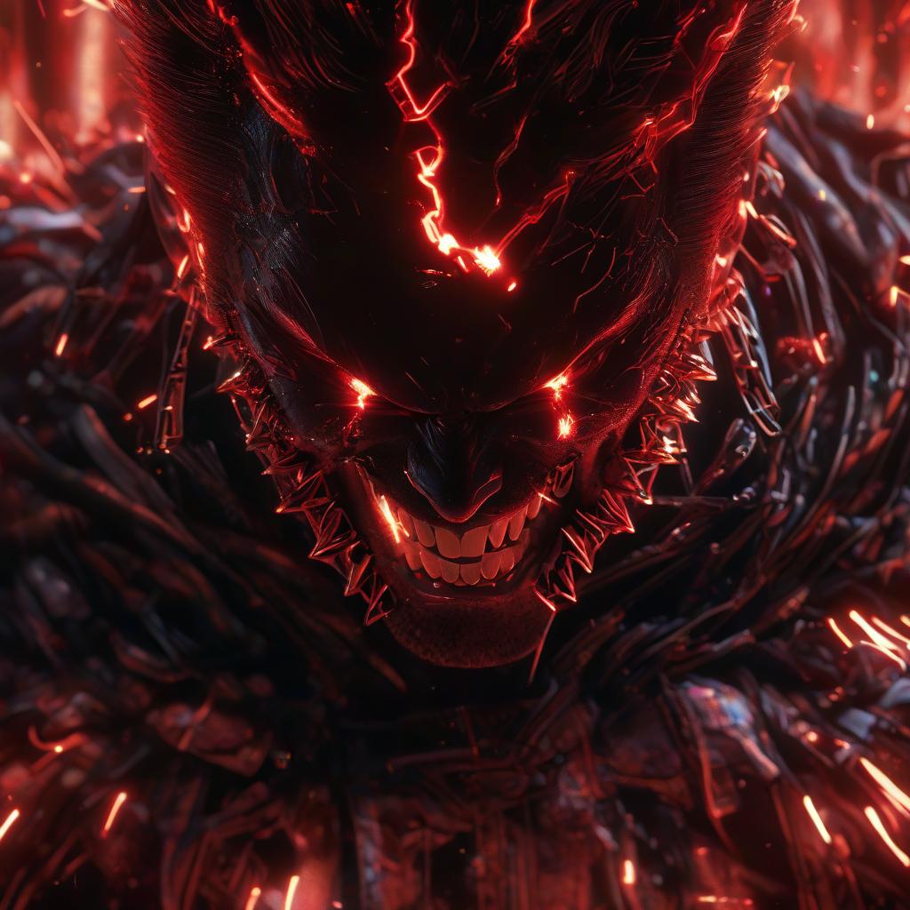  hyperrealistic art a close up of a red light in a dark room, unlimited blade works, wearing chains, animated still, from overlord, streaming, transforming into his final form, dark nature background, epic image, locklegion, mood scary, high damage, poggers, “ anime, 2 0 1 9 anime, luminous veins, anger. hyper detailed . extremely high resolution details, photographic, realism pushed to extreme, fine texture, incredibly lifelike, glowneon, hkmagic