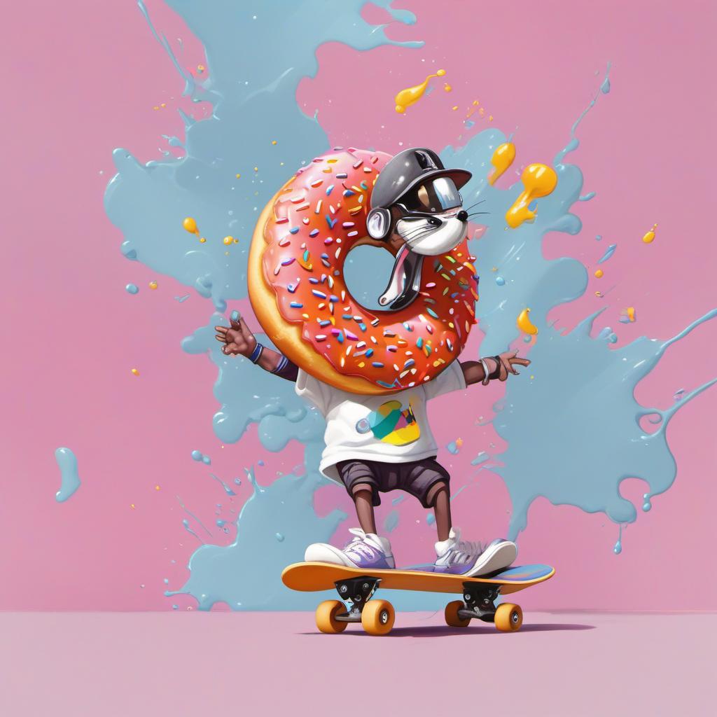  a donut riding a skateboard , painting style