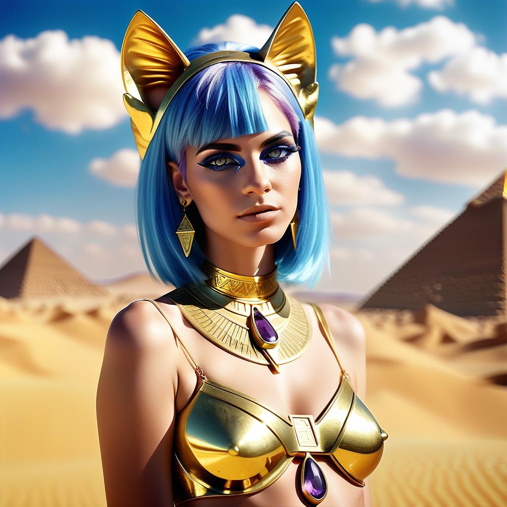  cinematic photo egyptian . madam. with blue hair. you should. gold rim decoration with golden cat ears. large amethyst in seridine jewelry. azure shiny eyes of the aimed at me. two gold celets on shoulders and hands. s. in the desert. bright blue sky. white clouds. maximum quality. body. . 35mm photograph, film, bokeh, professional, 4k, highly detailed