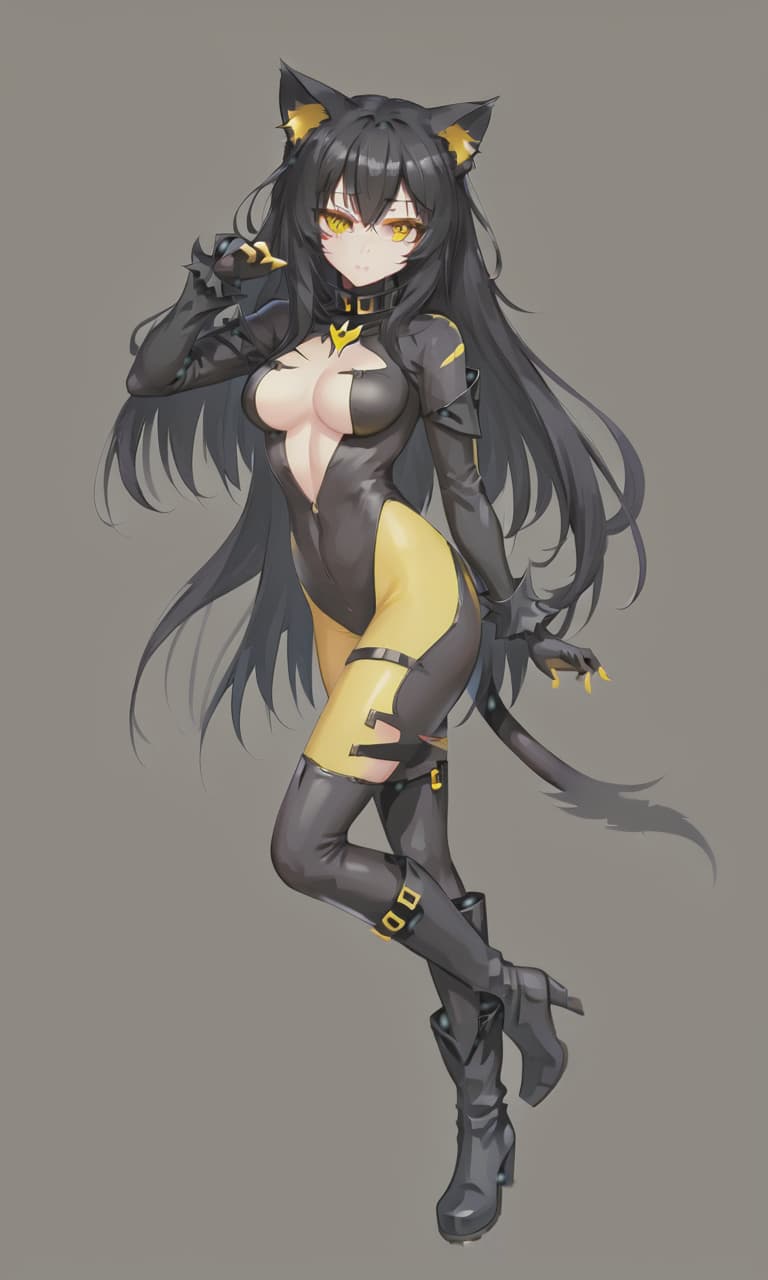  torn clothing, wild gaze, black hair, black cat ears, yellow eyes, a woman in a cat suit and black boots poses for a photo with her hands in her sides, official art, concept art, purism,