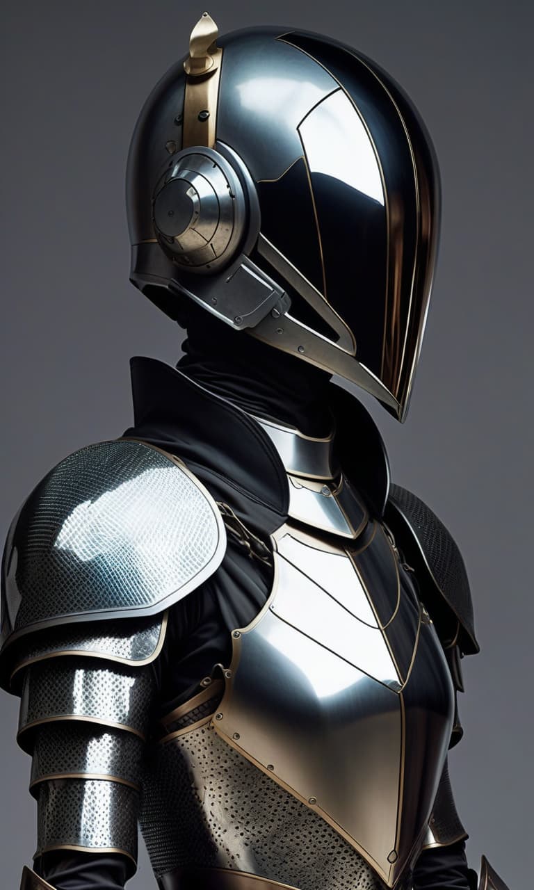  faceless androgynous droid. dressed in high tech but medieval style mirrorscale armor, mirrored scale mail and sleek high tech full face helmet with mirrored visor,