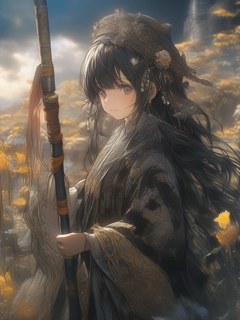  black haired girl with a cane, masterpiece, best quality,8k,ultra detailed,high resolution,an extremely delicate and beautiful,hyper detail