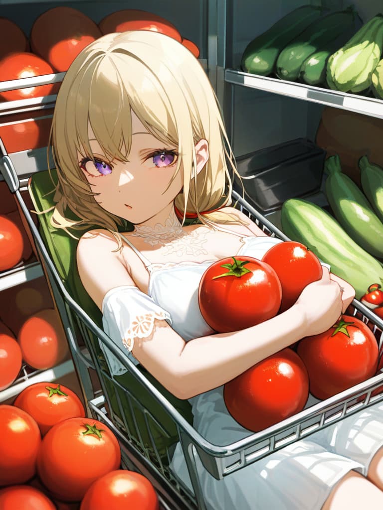  with tomatoes, blonde ponytails, white headphones, heart tattoos on arms, girls wearing white dresses, shopping carts, pressing shopping carts, shopping cart contains eggplant and celery, on the back. small wing tattoo, tattoo on the upper arm, spider web on the neck, masterpiece, best quality,8k,ultra detailed,high resolution,an extremely delicate and beautiful,hyper detail