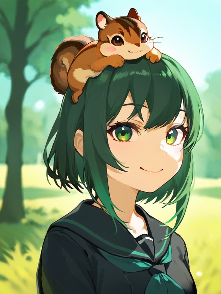  1girl,18yo,(((black high school uniform:1.5))),green hair, (((green graduated haircut hair:1.5))),(((very smile:1.3))),chipmunk,(((chipmunk on head:1.8)))