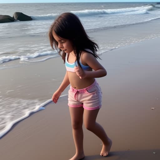  girl child wearing only shorts playing on beach