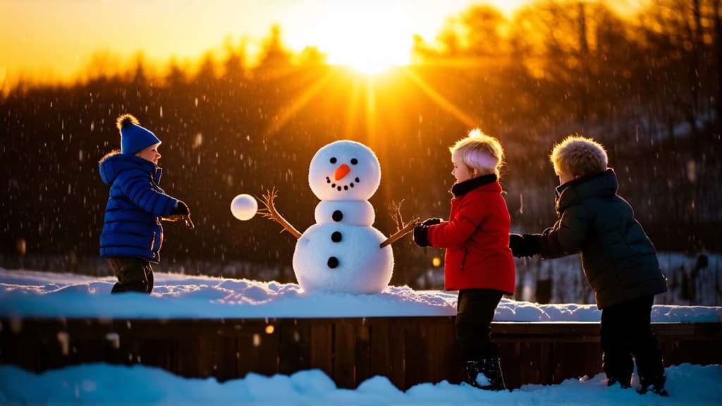  cinematic film style, children playing snowballs and collecting snowman standing in snow, sunset light, snowman with carrot nose. snow falling in background ar 16:9, shallow depth of field, vignette, maximum details, high budget hollywood movie, bokeh, cinemascope, moody, epic, gorgeous, sun rays and shadows on furniture and surfaces, flattering light, raw photo, photography, photorealistic, 8k resolution, f1.4, sharpened focus, sharp focus