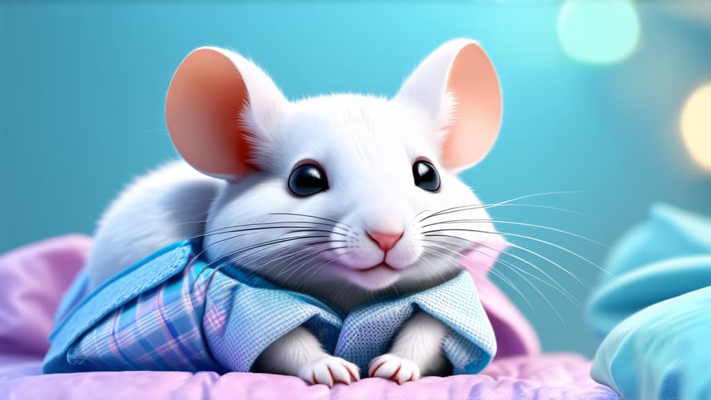  cute white mouse wearing pajamas sleeping in his bed, soft pastel colors, bokeh lights background, hyper realistic photography in the style of hyper realistic photography. ar 16:9 {prompt}, maximum details