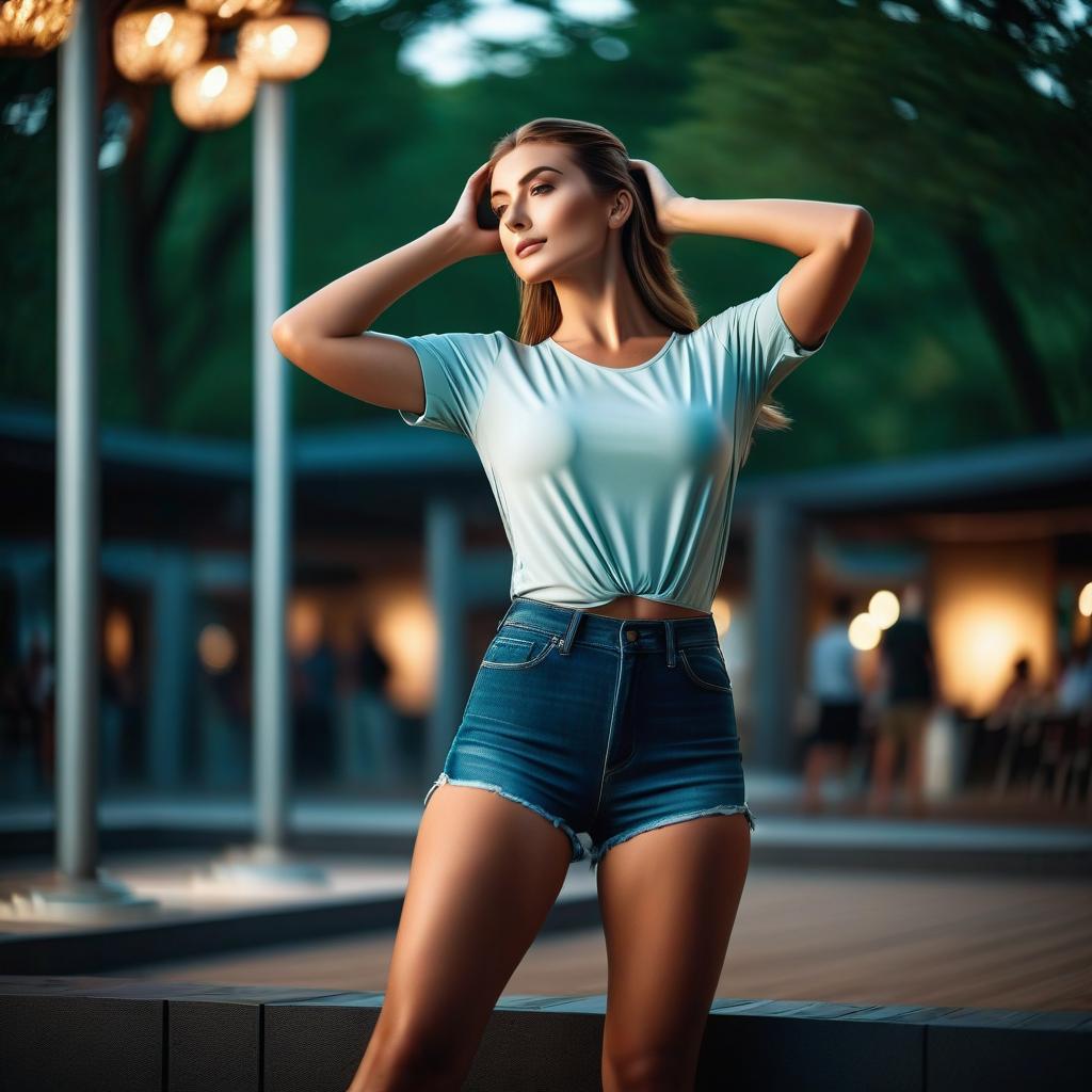  cinematic photo appetizing beautiful stands on her with her hands behind her head photo in a full length front side view . 35mm photograph, film, bokeh, professional, 4k, highly detailed