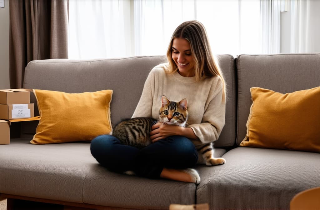  professional detailed photography, girl sitting on sofa holding small kitten in modern bright apartment, paper boxes nearby ar 3:2, (muted colors, dim colors, soothing tones), (vsco:0.3)