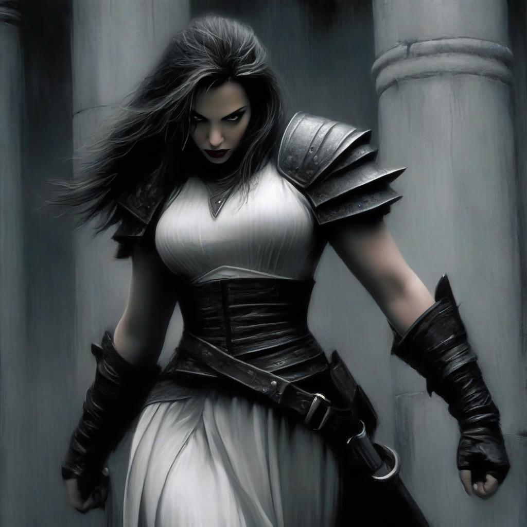  macabre style dark fantasy. scarlett johansson in the form of a warrior thief with white and black straight hair, in long white leather skirts, in leather and steel shoulder pads and leather or steel wrists, in full height. in a dark room with wide dark gray columns. . dark, gothic, grim, haunting, highly detailed, perfecteyes, perfect hands