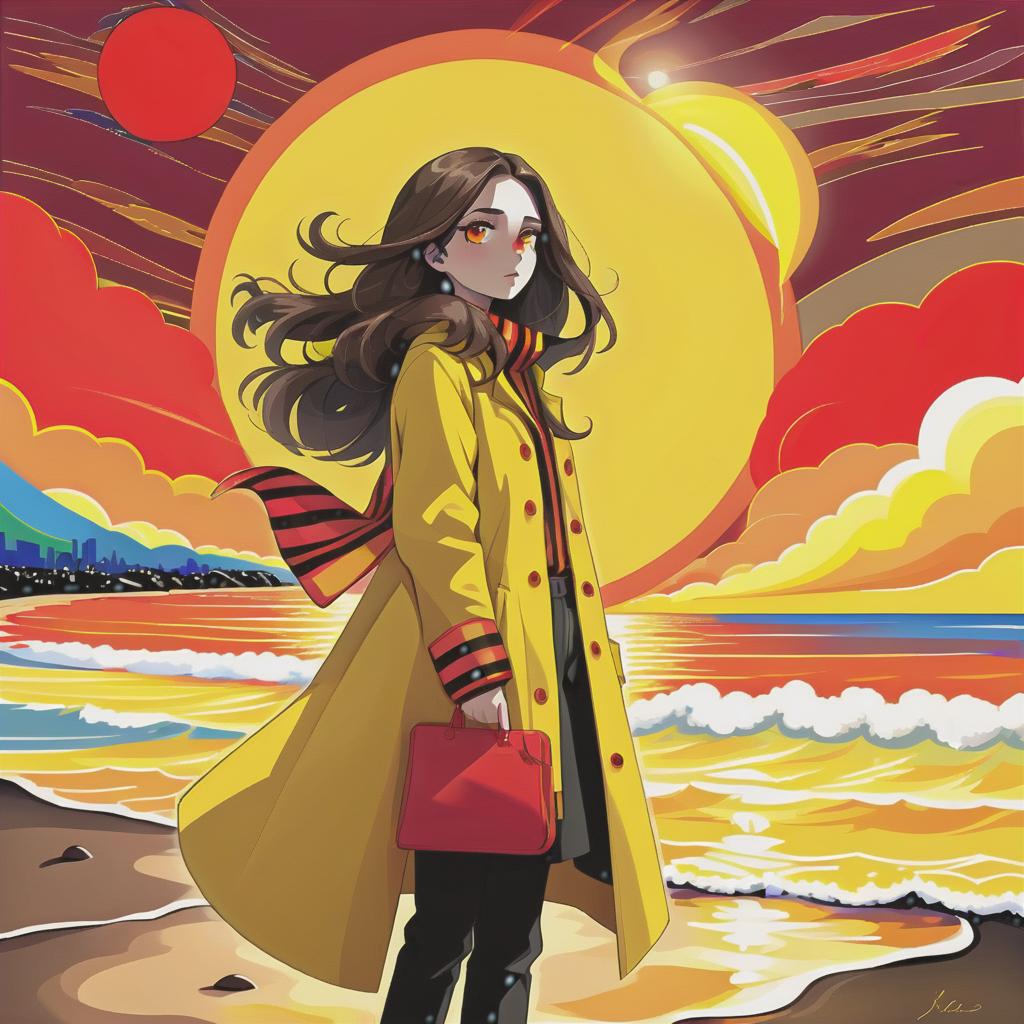  psychedelic style the girl is standing on the beach. she has long dark brown hair, which gently falls on her shoulders, and his face, with jewish and slavic features, exudes calmness with brown eyes. he is dressed in a bright yellow coat that immediately attracts attention and contrasts with the surrounding landscape. under the coat is a black shirt, and black pants are additionally decorated with yellow elements, creating a harmonious and stylish image. the sun sets over the horizon, shrouding everything around in red shades, and bright red stripes lie on the surroundings contrasting with the darkness and creating a magical atmosphere. . vibrant colors, swirling patterns, abstract forms, surreal, trippy