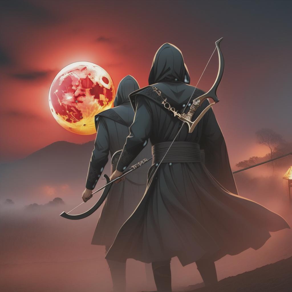  two handsome and dashing men stood solemnly on the bones, one holding a knife and the other holding a crossbow. the red moon hung in the sky hyperrealistic, full body, detailed clothing, highly detailed, cinematic lighting, stunningly beautiful, intricate, sharp focus, f/1. 8, 85mm, (centered image composition), (professionally color graded), ((bright soft diffused light)), volumetric fog, trending on instagram, trending on tumblr, HDR 4K, 8K